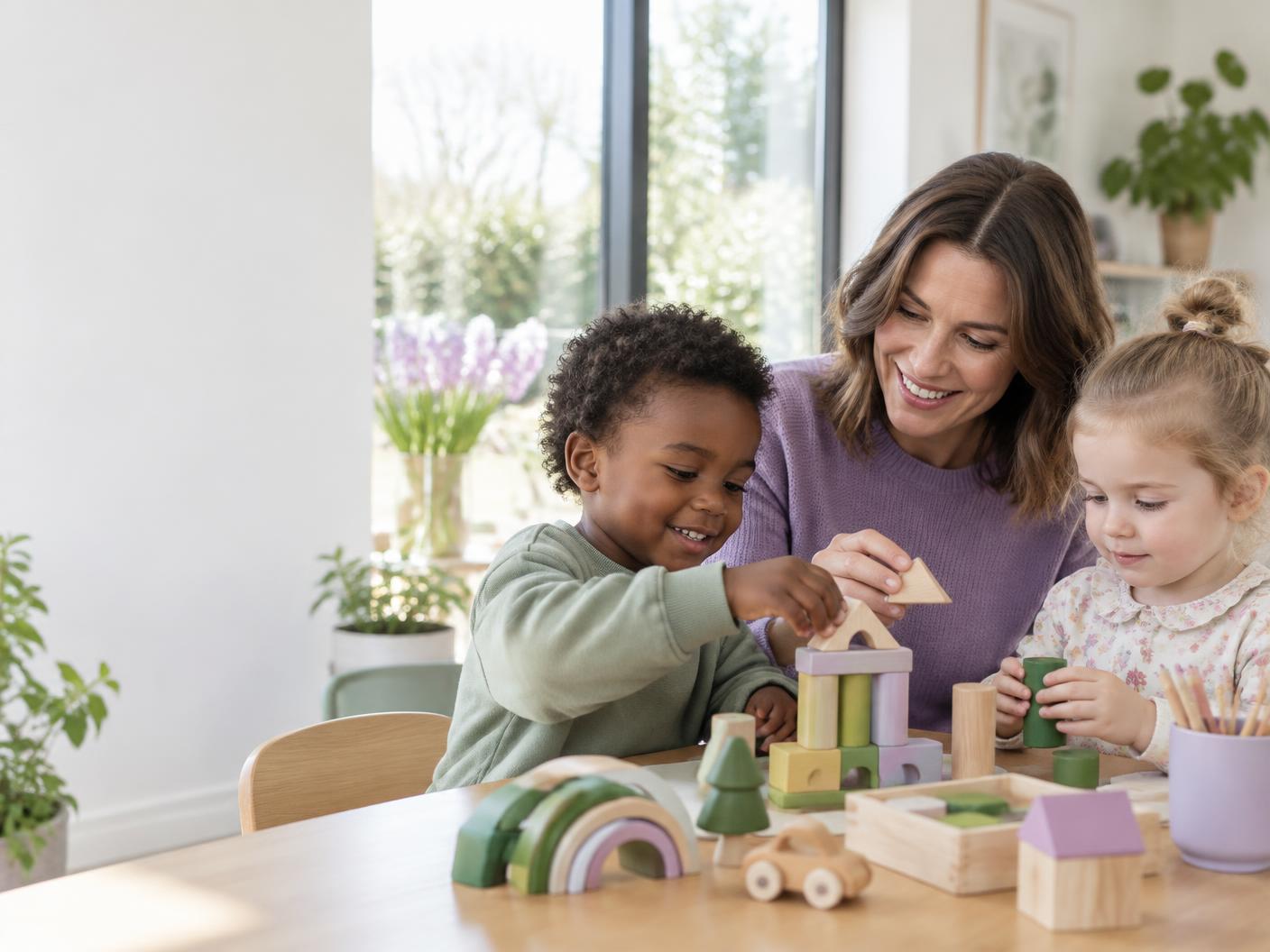 Child care provider playing with two young children in a bright home setting