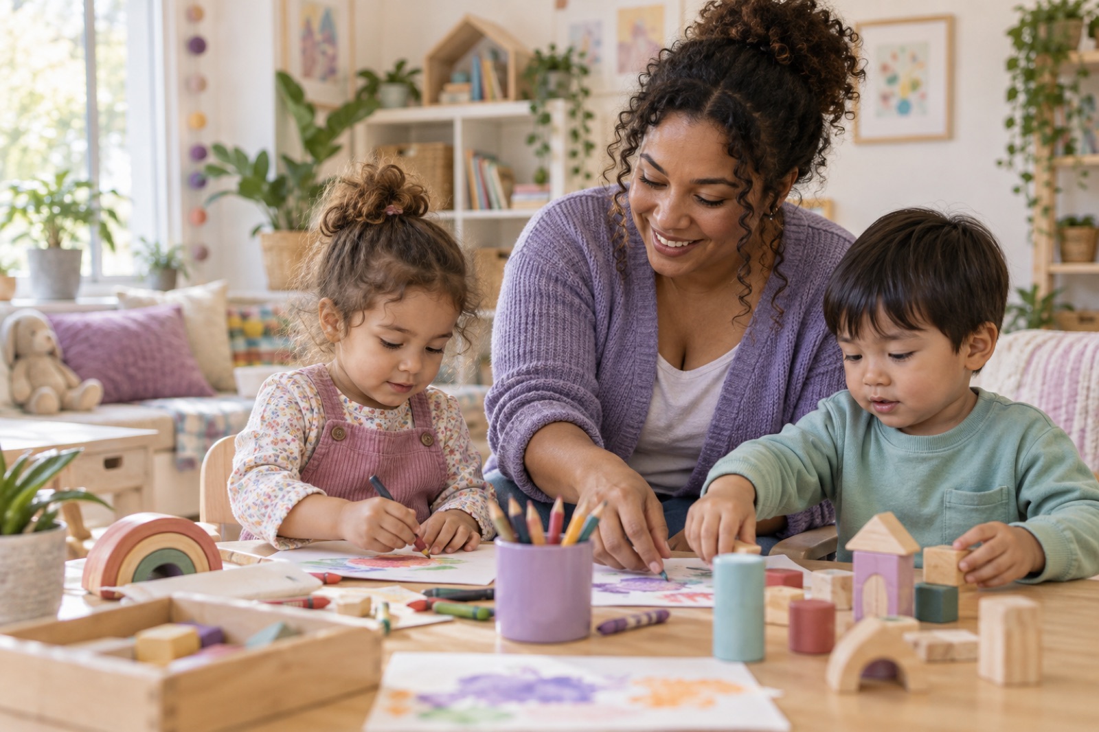 Family child care provider helping two young children with a creative activity in a bright home setting