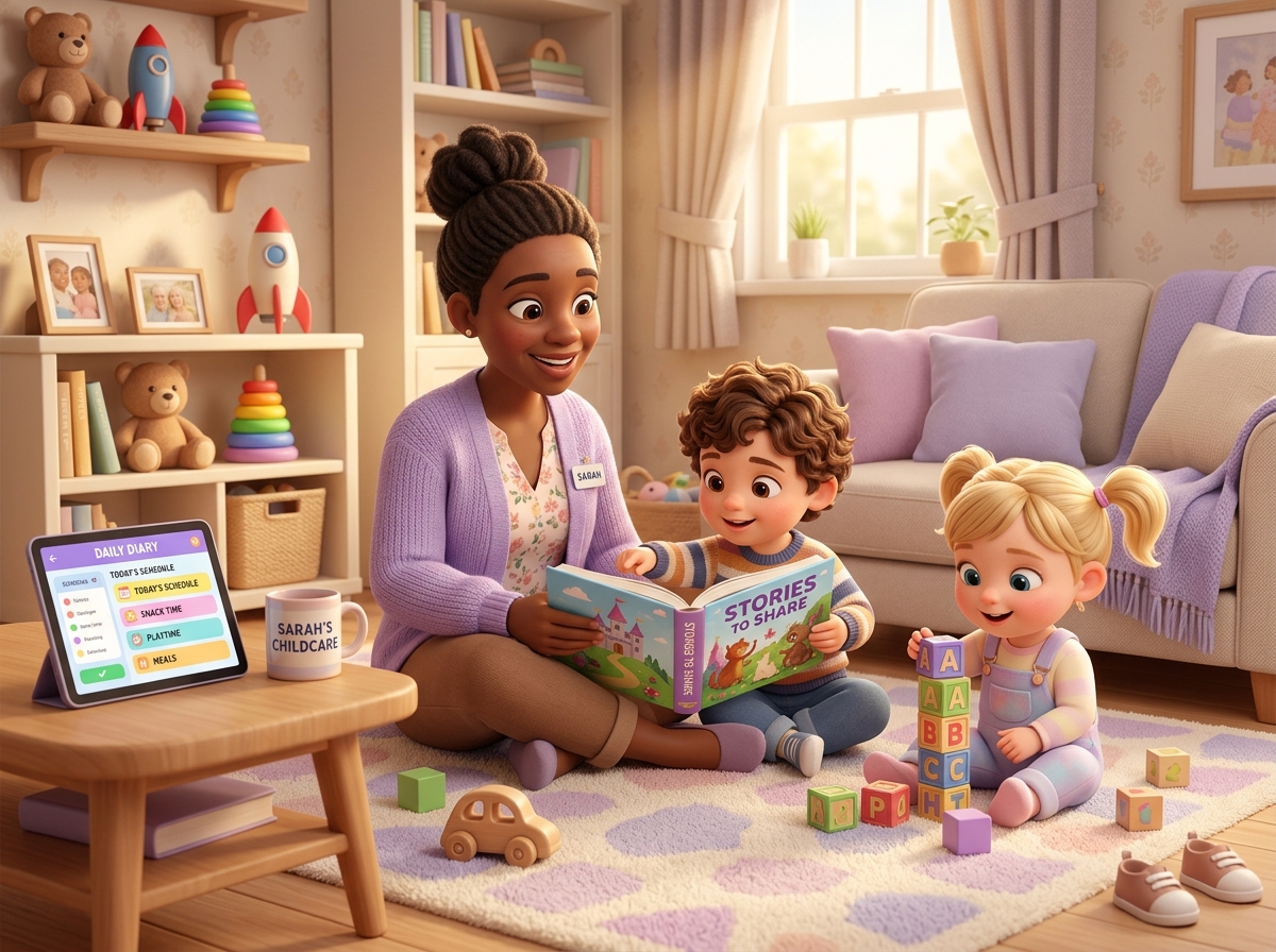 Child care provider reading with children in a home setting