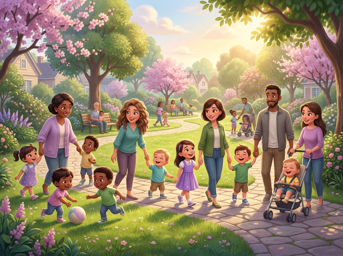 Community network of child care providers, families and children in a sunny neighborhood park