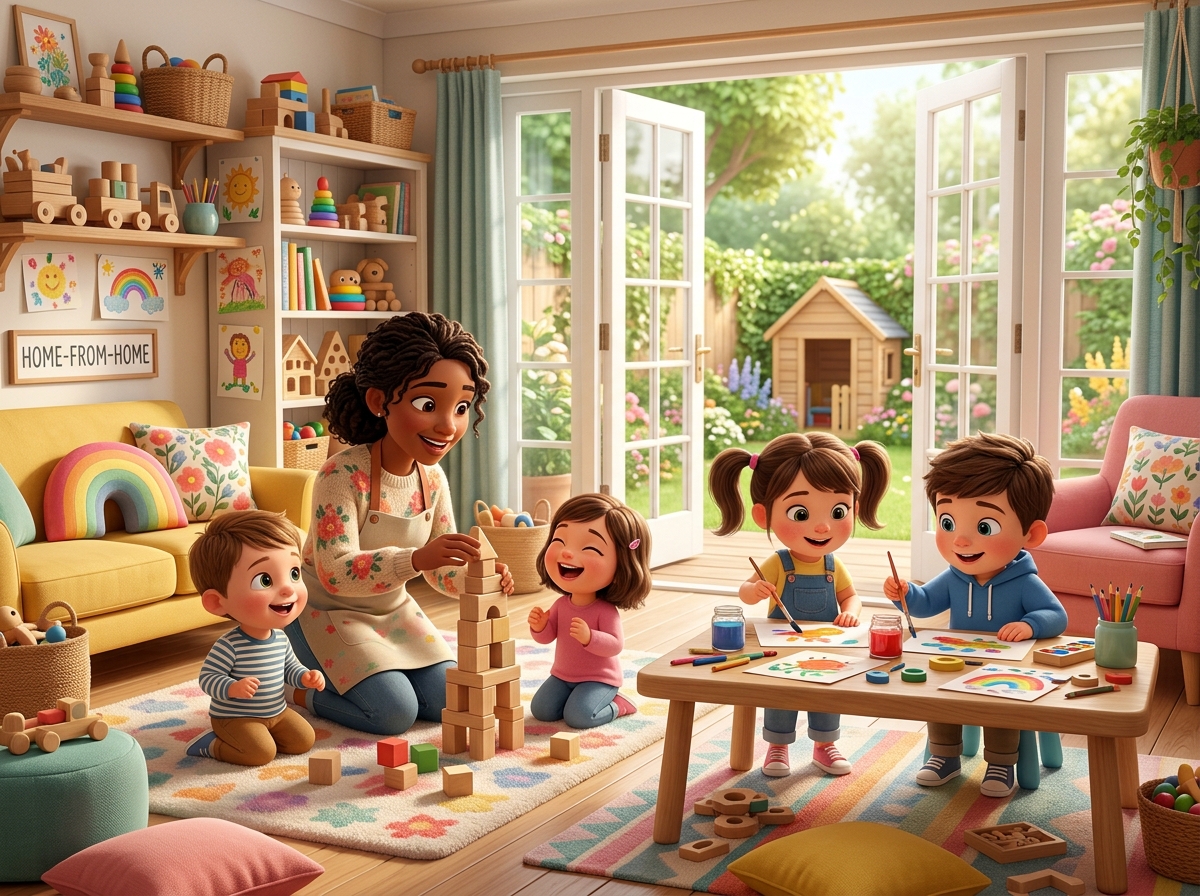 Child care provider in a bright, welcoming home with young children playing and learning